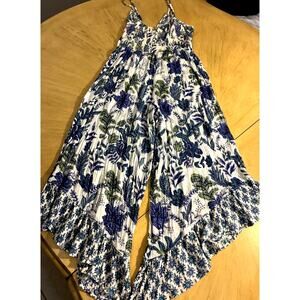 Angie Blue Floral Jumpsuit Wide Leg Boho Ruffle Ankle Beach Festival Fairy Med